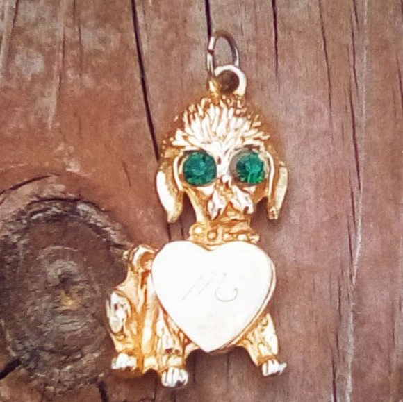 Vintage 1960s Poodle Charm Gold Tone Green Rhinestone Eyes Monogram M - Picture 1 of 7